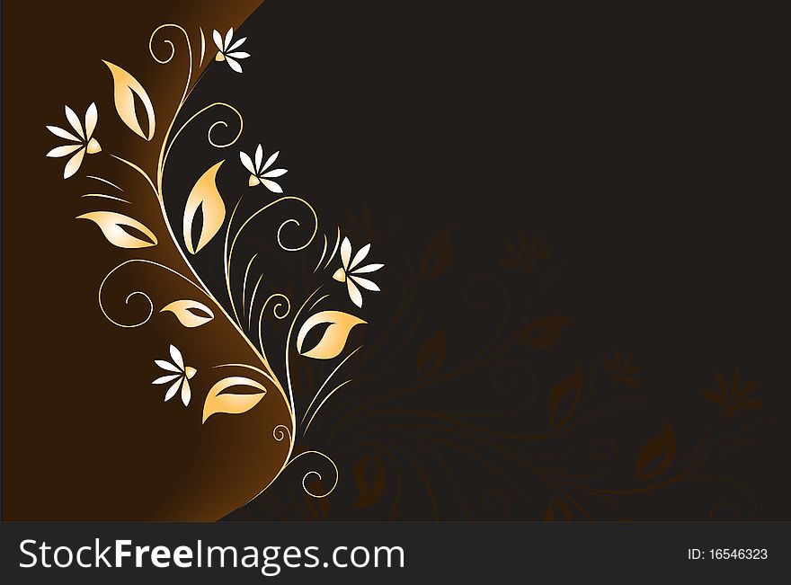 Dark brown background with golden floral element.