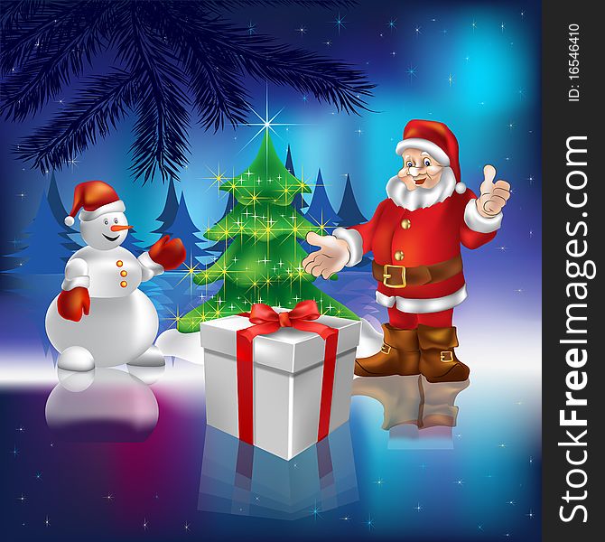 Santa Claus With Gift And Snowman