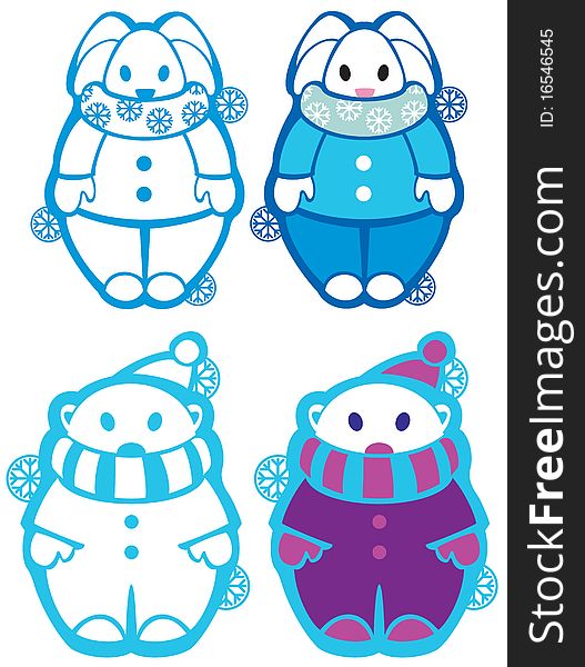 Funny rabbit and bear with snowflakes