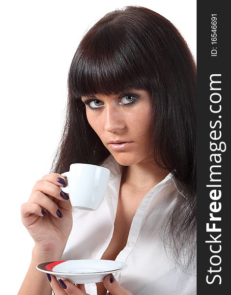 Young attractive blue eyes woomen drink coffee. Young attractive blue eyes woomen drink coffee