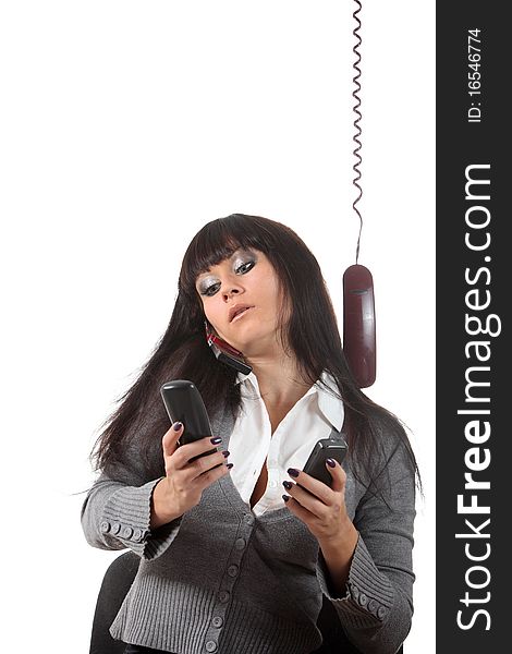 Businesswoman speak by four phones