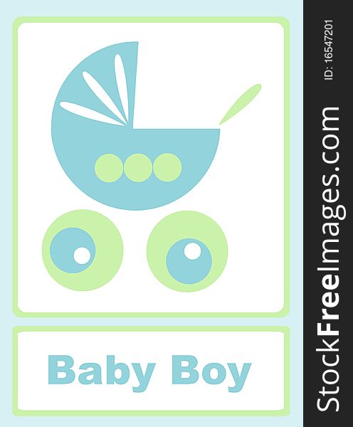 Blue baby boy announcement with stroller