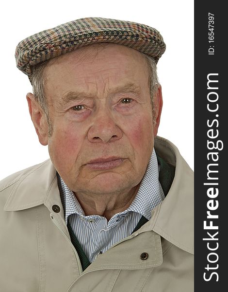 Senior male portrait on white background.