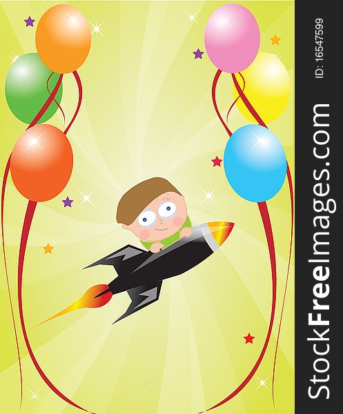 Celebration card with a child on top of a rocket