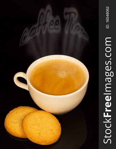 Coffee and biscuits with image of the words coffee time in the steam on black background