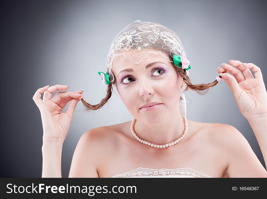 Hoping Cute Beautiful Young Bride Holding Her Hair