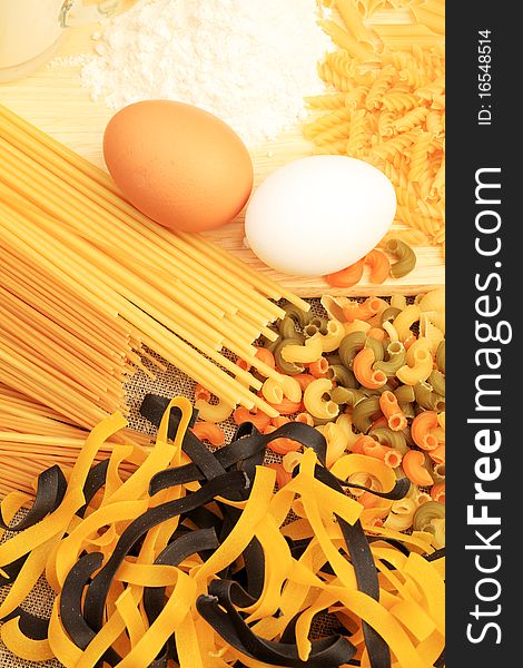 Food theme: colorful pasta, spagetti and eggs. Food theme: colorful pasta, spagetti and eggs.