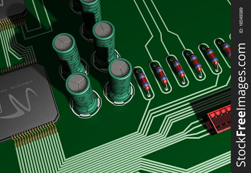 View of a secton of circuit board, representing different kinds of components (processors>,capacitors, resistors, connector). View of a secton of circuit board, representing different kinds of components (processors>,capacitors, resistors, connector)