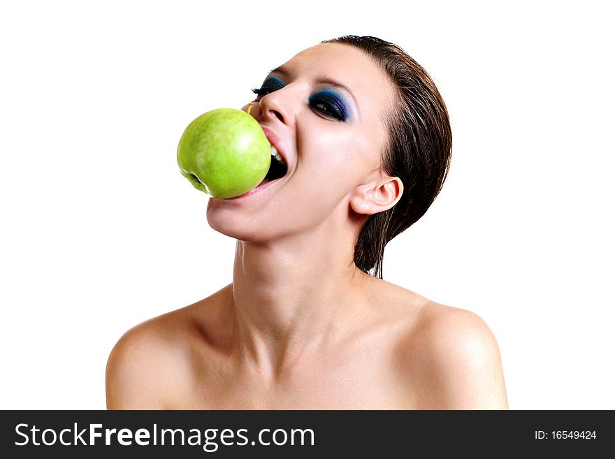 Portrait of pretty girl with open mouth eating green apple. Portrait of pretty girl with open mouth eating green apple
