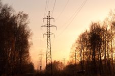 Electricity Pylons And Lines At Sunset. Royalty Free Stock Images Electricity Pylons And Lines At Sunset. Royalty Free Stock Images