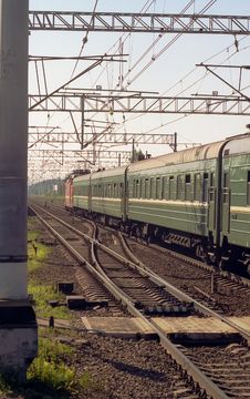 Locomotive With A Green Wagon Rides On Railway Tr Stock Photography Locomotive With A Green Wagon Rides On Railway Tr Stock Photography
