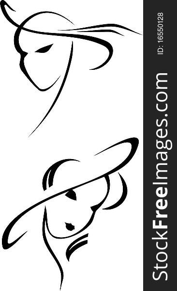 Silhouette of a head of the beautiful girls in a hat. Vector illustration black and white.