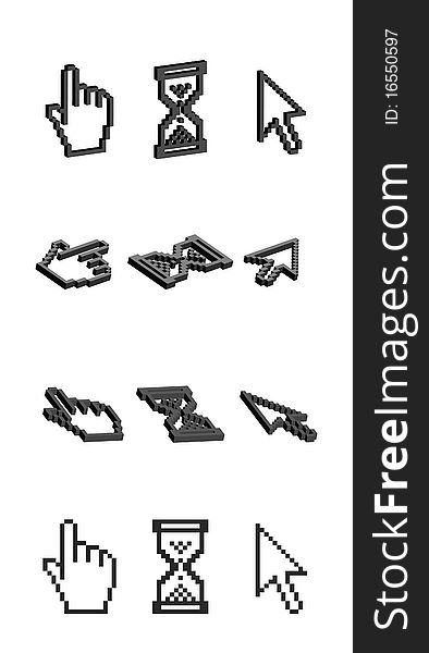 3D mouse cursors (hand, arrow and hourglass) in various angles. Editable illustration. 3D mouse cursors (hand, arrow and hourglass) in various angles. Editable illustration.