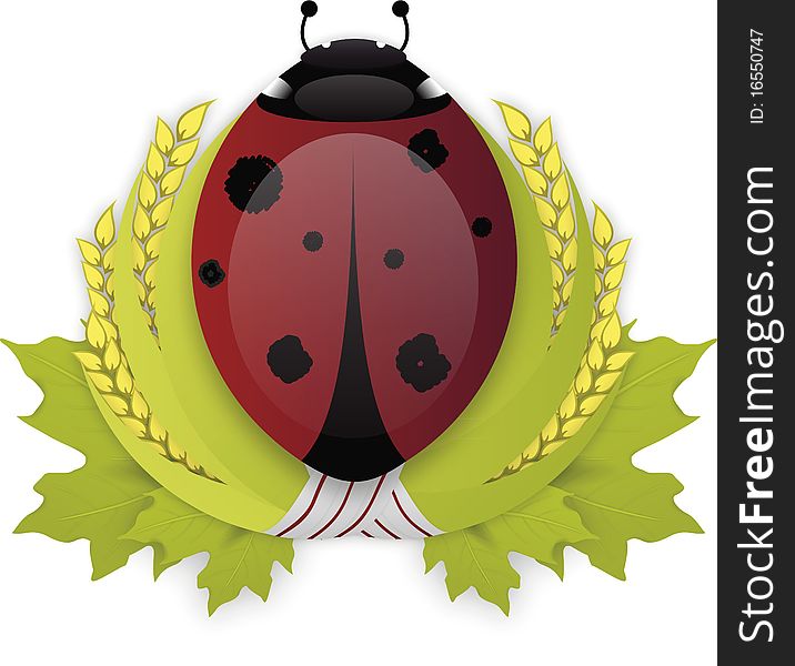 Illustrated vector Ladybird bug on green laurel wreath isolated on white background with shadows. Illustrated vector Ladybird bug on green laurel wreath isolated on white background with shadows