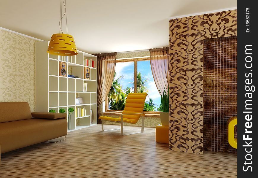 Modern interior room with pattern on the wall and yellow furniture