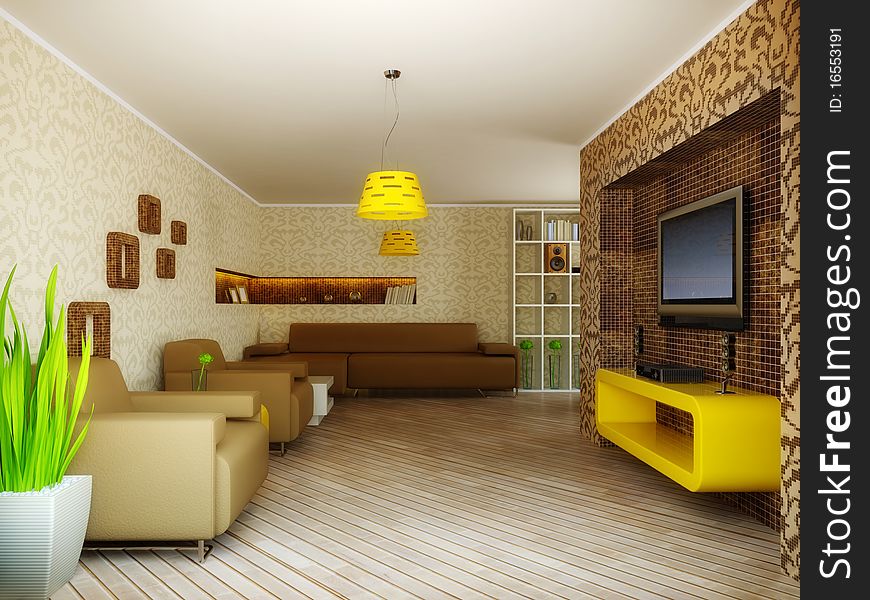 Modern interior room with pattern on the wall and yellow furniture