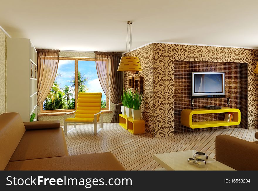 Modern interior room with pattern on the wall and yellow furniture