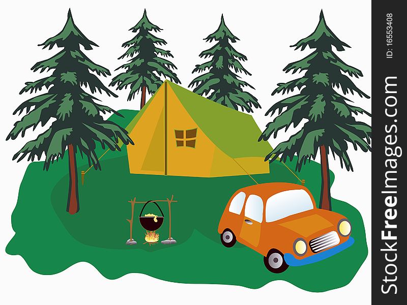 Tent costing on glade in wood car and campfire. Tent costing on glade in wood car and campfire