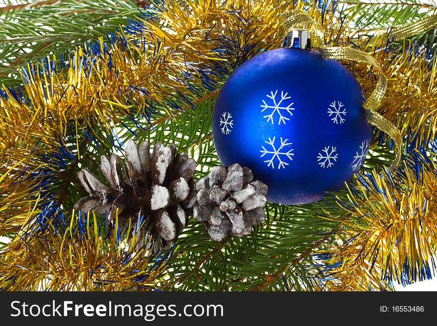 Close-up blue ball and cones on fir tree branches