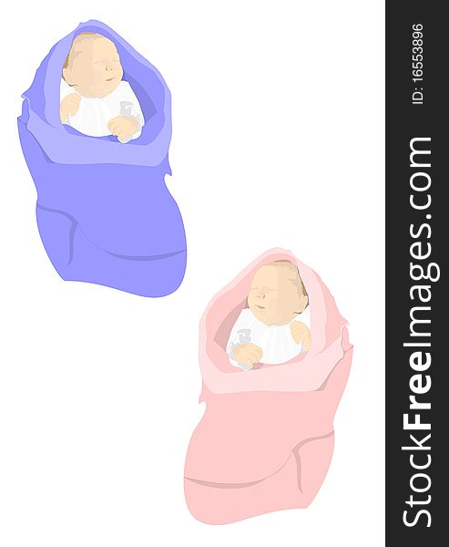 Two newborn babies wrapped in a pink and blue blanket. Two newborn babies wrapped in a pink and blue blanket