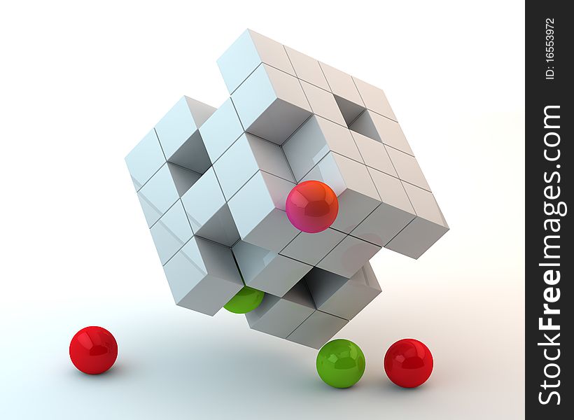 White cubes and a red and green sphere. White cubes and a red and green sphere