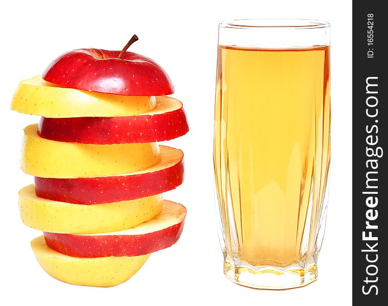 Apple juice in glass and fresh apples on white background. Apple juice in glass and fresh apples on white background