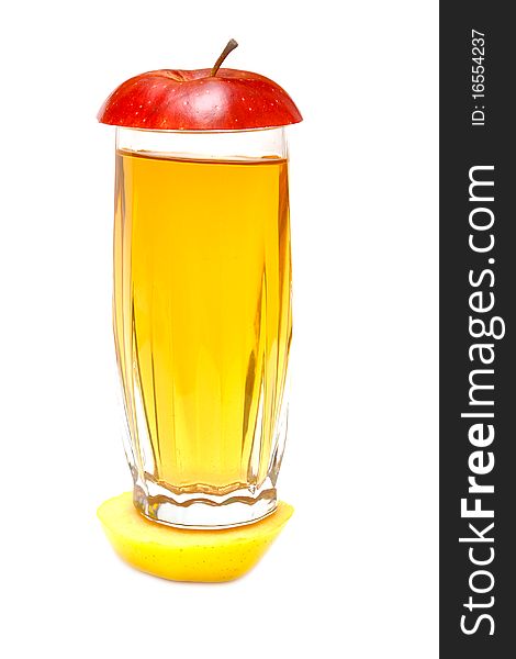 Apple juice in glass and lobule fresh apple on white background. Apple juice in glass and lobule fresh apple on white background