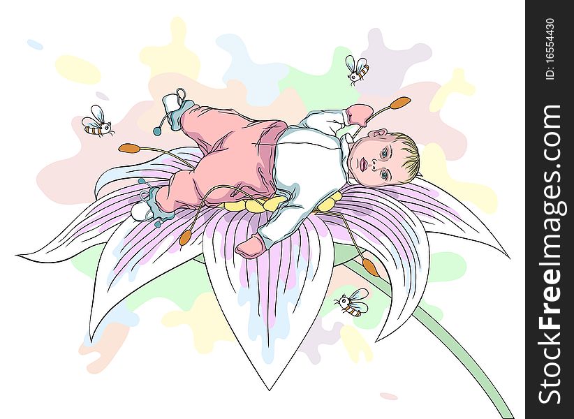 Vector Illustration of beautiful Baby on the lily flower with flying bees. Vector Illustration of beautiful Baby on the lily flower with flying bees