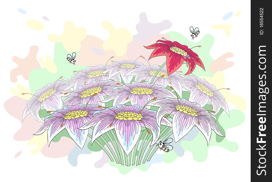 Bunch of beautiful lily flowers with bees turning over them - vector. Bunch of beautiful lily flowers with bees turning over them - vector