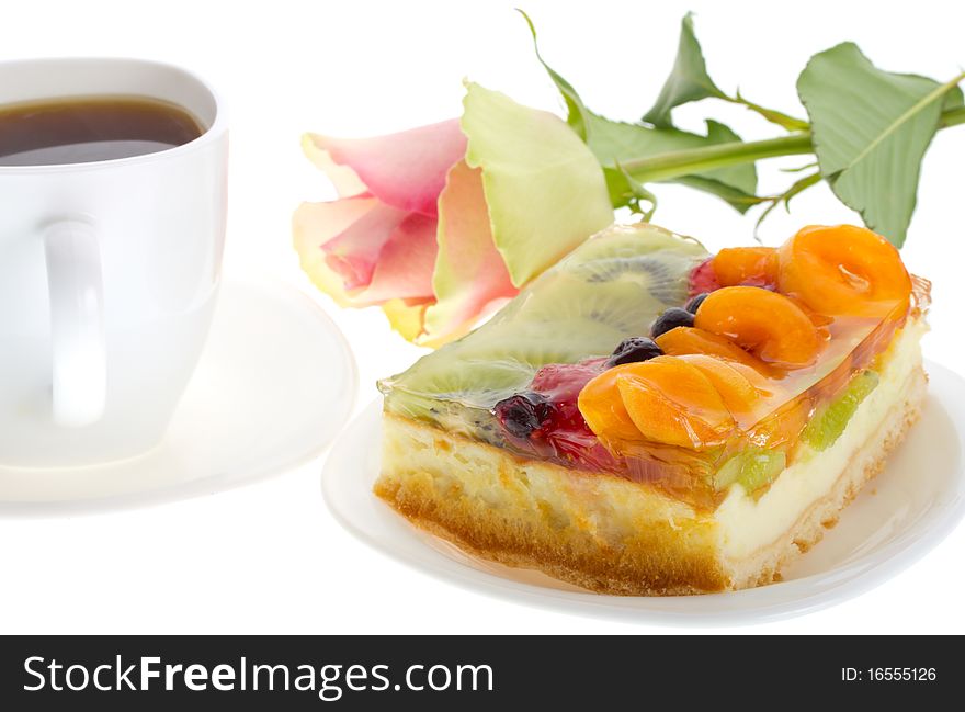 Close-up curd cake with fruits and rose, isolated on white