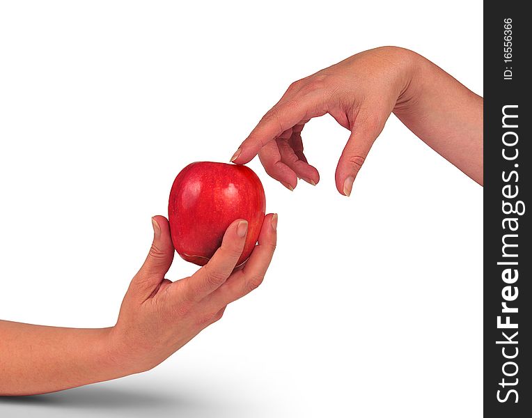 It photographs of two hands holding and pointing out a red apple