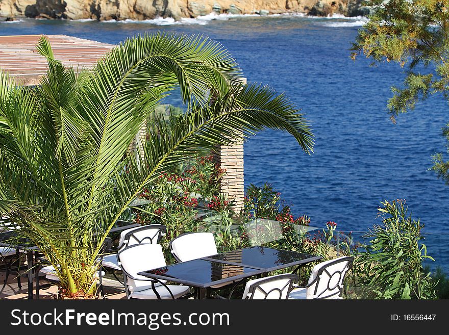 Table at a restaurant overlooking ocean views. Table at a restaurant overlooking ocean views