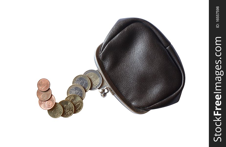 Black leather change purse and coins isolated on white background with clipping path