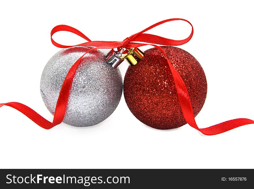 Two christmas glass balls on white background