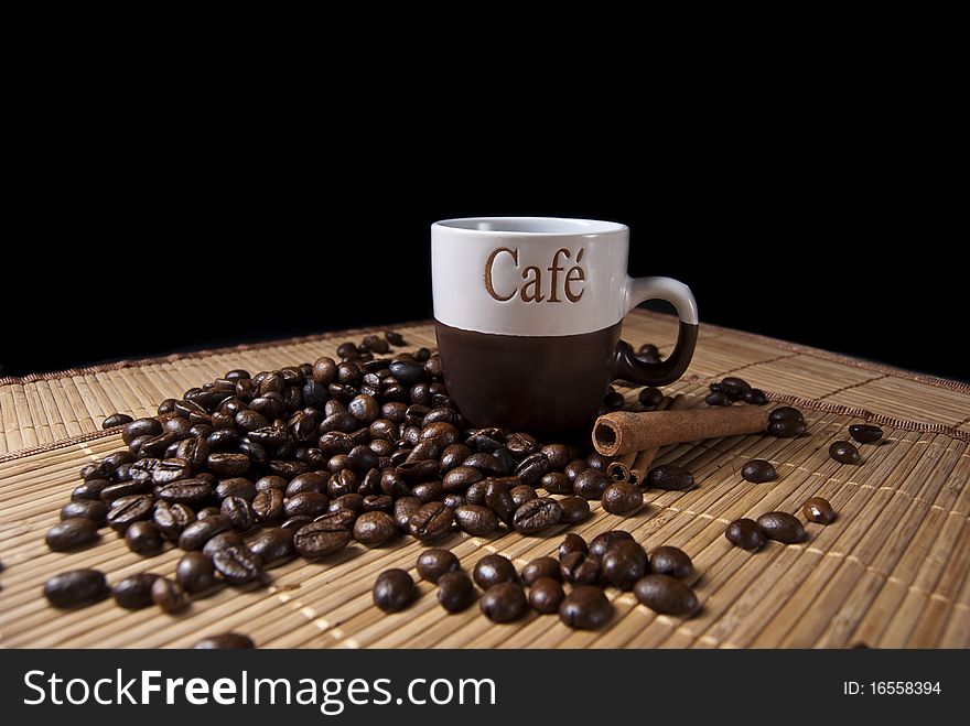 Coffee cup and coffee beans top view