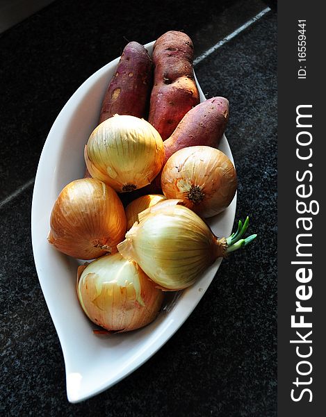 Onions & Sweet Potatoes In Bowl