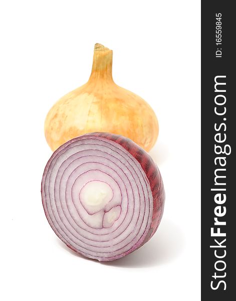 A red and yellow onions isolated on a white background