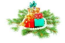 Christmas Gifts On Fur-tree Branches Royalty Free Stock Images