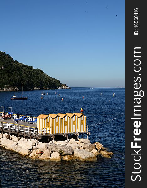 Italy: seascape of Sorrento with bathing establishment. Italy: seascape of Sorrento with bathing establishment