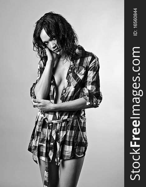 Sexy wet fashion model poses in black and white. Sexy wet fashion model poses in black and white