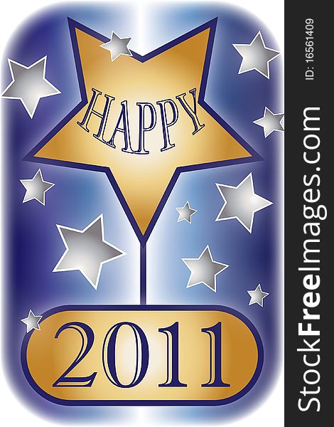 Festive illustration featuring a large gold star carrying the message 'Happy 2011' on a dark blue background with silver stars. Festive illustration featuring a large gold star carrying the message 'Happy 2011' on a dark blue background with silver stars