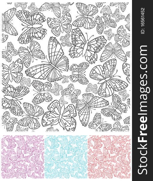 Seamless background with butterflies in different colors