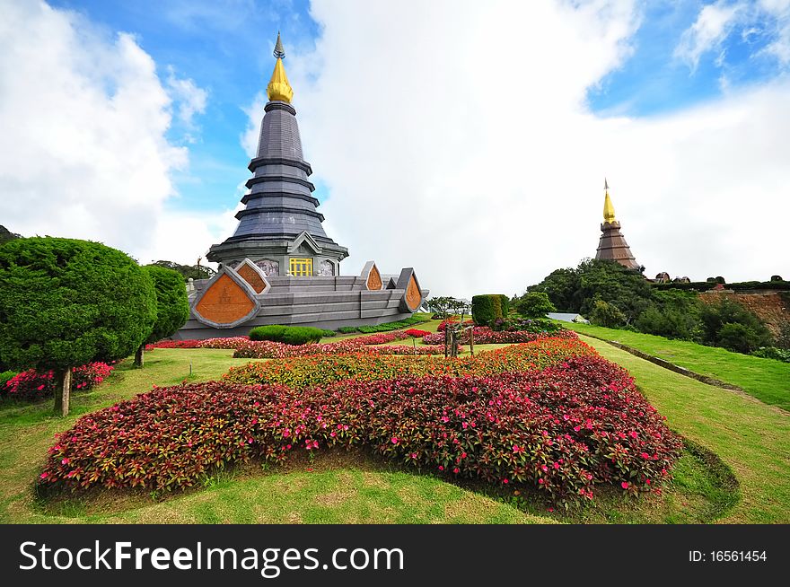 Napapon Phoom-siri Chedi - a temple dedicated to the Queen of Thailand commemorating her 60th birthday near the summit of Doi Inthanon, Thailand's highest peak. Napapon Phoom-siri Chedi - a temple dedicated to the Queen of Thailand commemorating her 60th birthday near the summit of Doi Inthanon, Thailand's highest peak