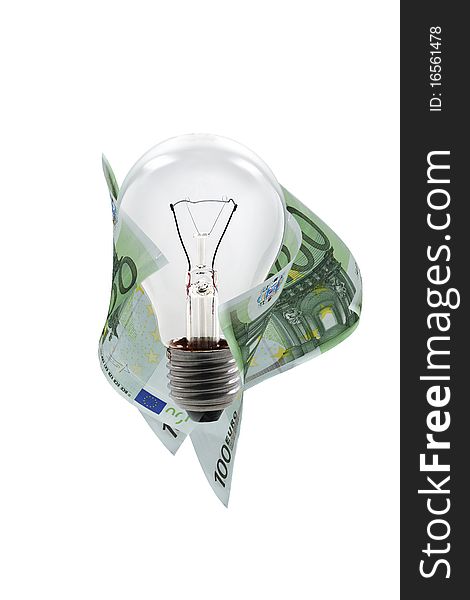 Light bulb surrounded by money. Light bulb surrounded by money