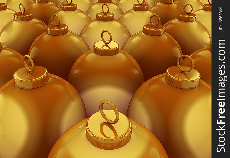 A render of a group of golden christmas spheres. A render of a group of golden christmas spheres