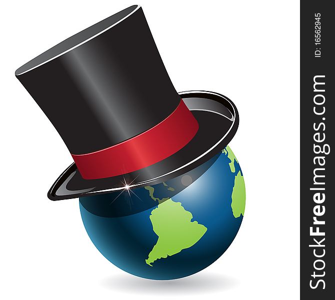 Illustration, blue globe in black hat cylinder. Illustration, blue globe in black hat cylinder