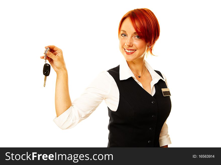 Young caucasian woman as hotel worker offering key