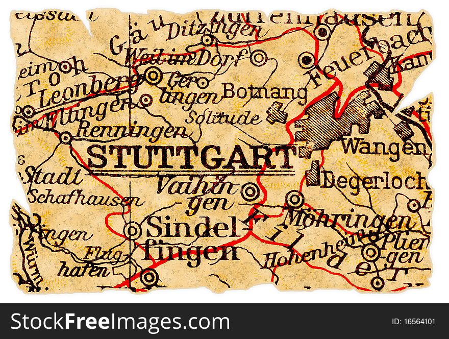 Stuttgart, Germany on an old torn map from 1949, isolated. Part of the old map series. Stuttgart, Germany on an old torn map from 1949, isolated. Part of the old map series.