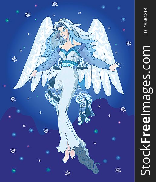 Light Angel in the night sky with snowflakes and stars