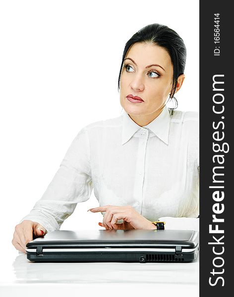 Pretty business woman with laptop on white. Pretty business woman with laptop on white